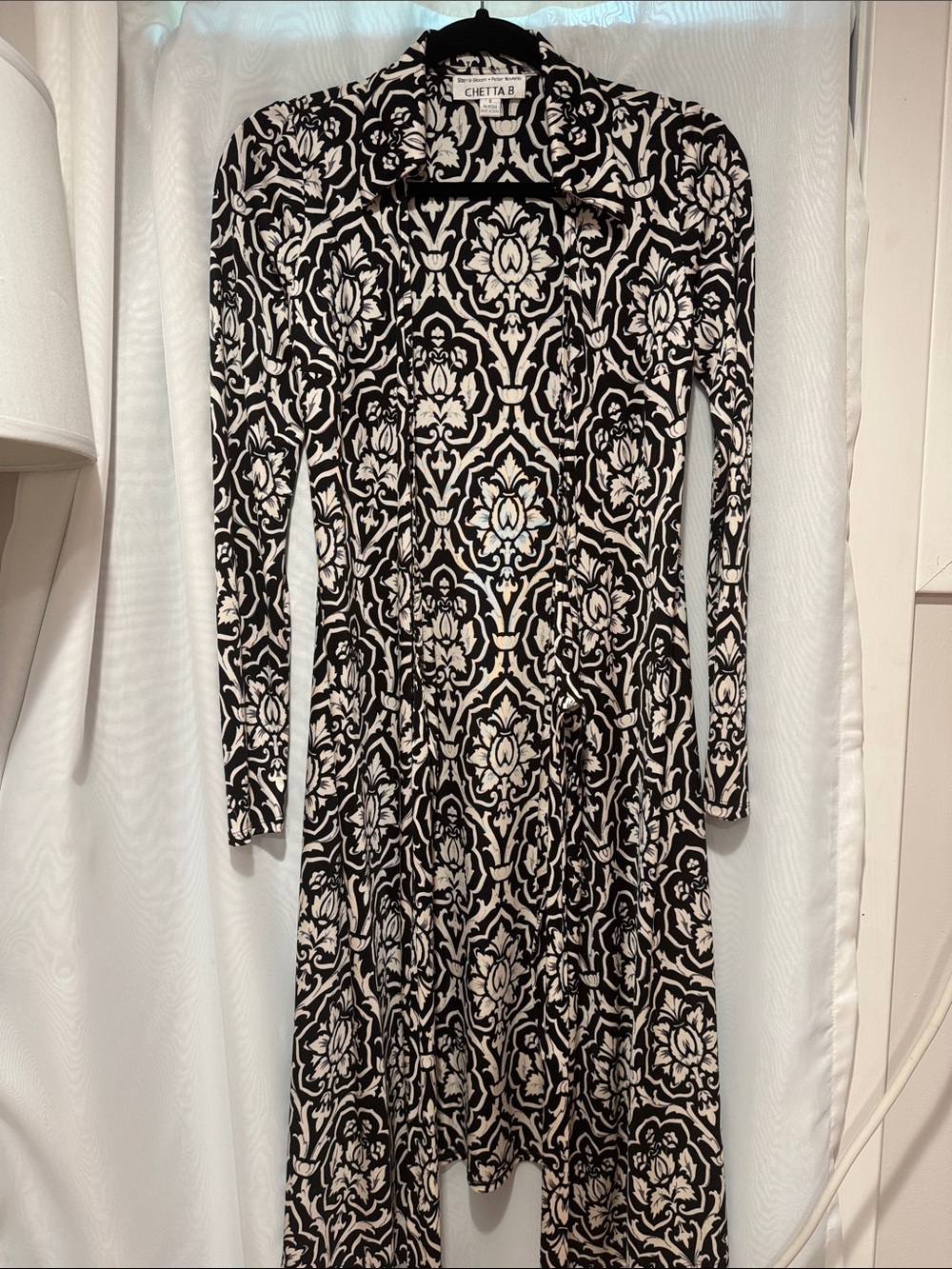 Chetta B Black & Cream Long Sleeve Damask Print Dress